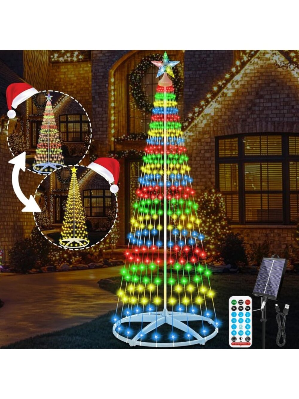 Solar Christmas Cone Tree Lights with Star Topper, 7.5Ft 312 LED